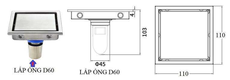 Kích thước thoát sàn lát gạch FT56ST-DN50