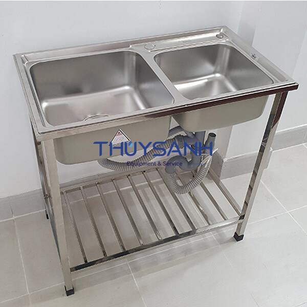 Chậu rửa bát 2 hố có chân, vật liệu Inox